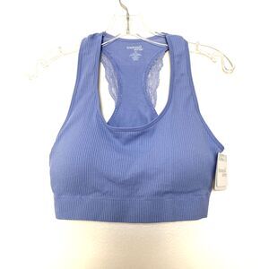 Tranquil & True Womens Comfort Bra Size 1X Ribbed Seamless Racerback Blue Lace